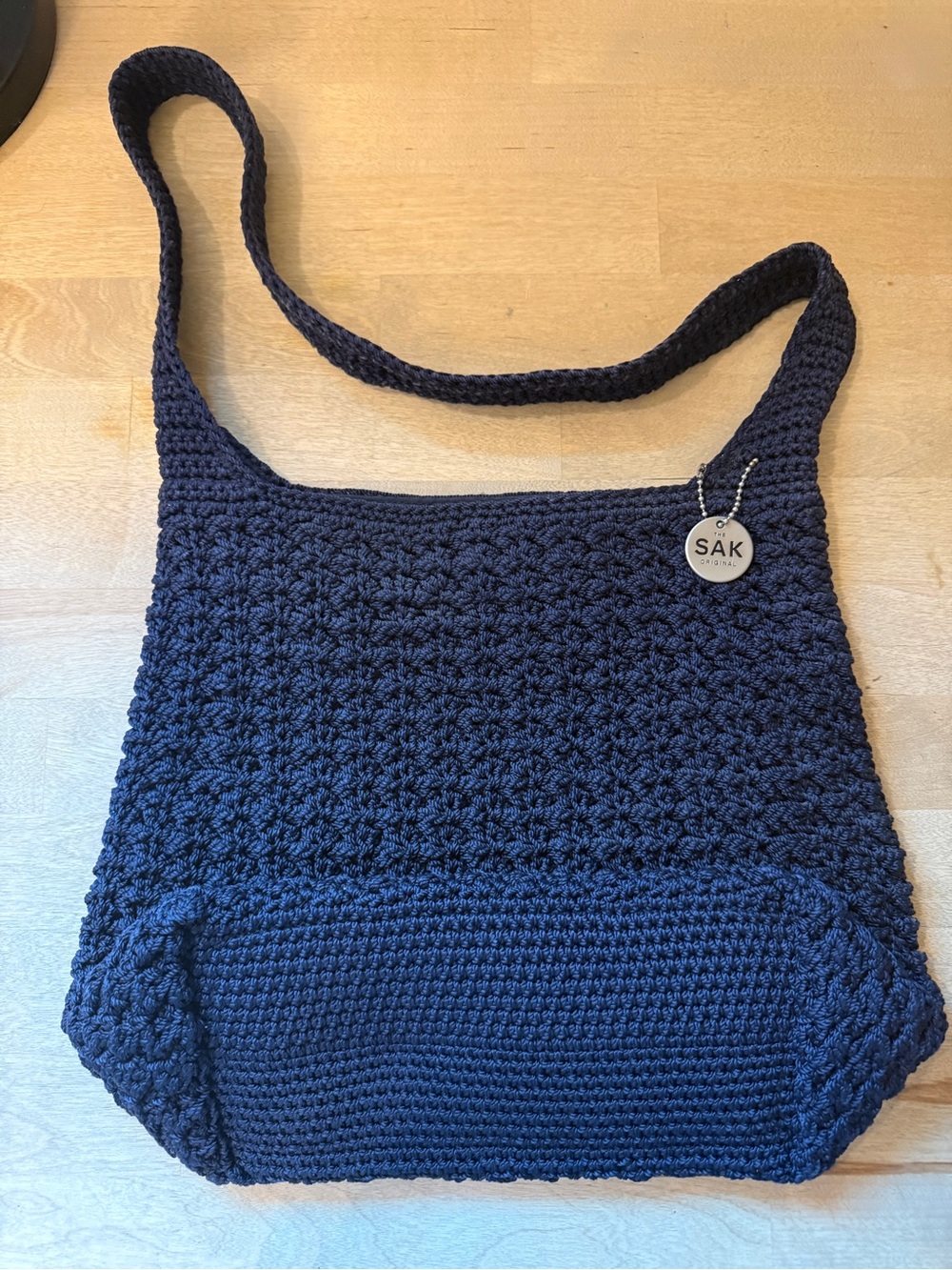 The Sak Navy Blue Crochet Knit Shoulder Bag Woven Hobo Slouchy Popcorn Purse M - Picture 2 of 7